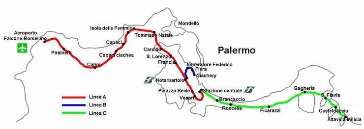 Mappa metropolitana di Palermo con elenco stazioni